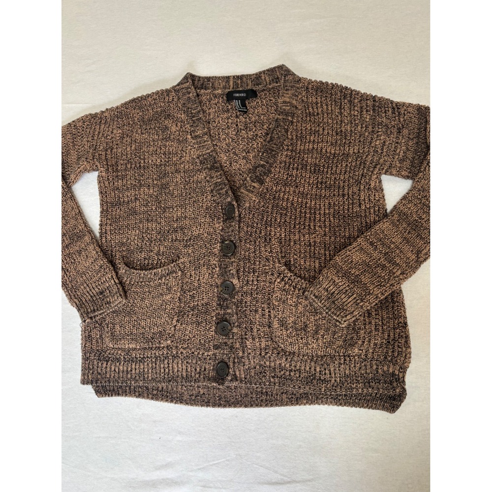 Forever 21 Brown Black Marled Chunky Knit Button Front Cardigan Sweater Medium